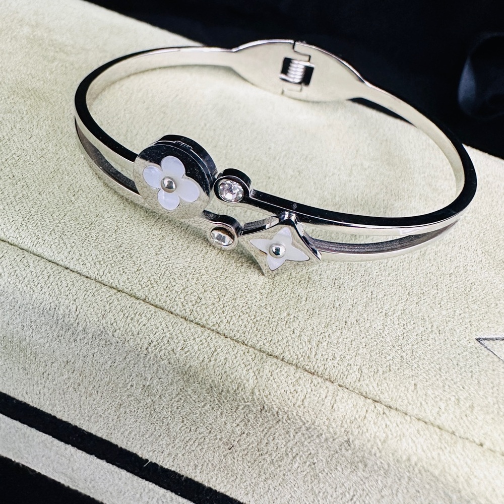 Silver and Black Floral Bangle Bracelet